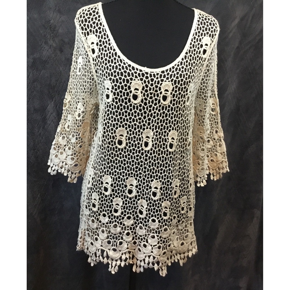 Breeze Over Ivory Open Knit Costal Beach Boho Hippie Fairy Whimsy Festival Top